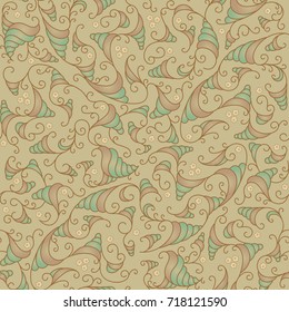 Seamless pattern with an ornament made of curls and twisted leaves on a brownish background. Stylized plant with small white flowers.