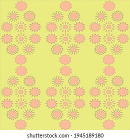 A seamless pattern ornament made of light pink sun doodles on a yellow background.  Vector, eps 10