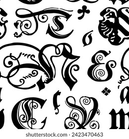 Seamless pattern, ornament with medieval Polish blackletter calligraphy. Black calligraphy on a white background. 15th century Schwabacher Gothic type. Vector old German style font.
