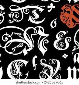 Seamless pattern, ornament with medieval Polish blackletter calligraphy. White calligraphy on a black background. 15th century Schwabacher Gothic type. Vector old German style font.