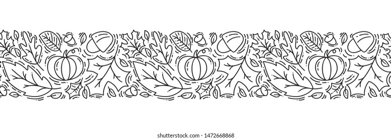 Seamless pattern ornament monoline with acorns, pumpkin and autumn oak leaves in black. Perfect for wallpaper, gift paper fill, web page background, autumn greeting card, pillow