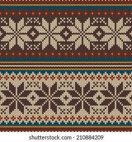 Seamless pattern ornament on the wool knitted texture. Vector illustration