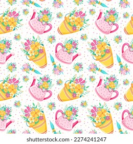Seamless pattern ornament of painted spring flowers of garden watering can on white background. Design for wallpaper, poster, post, flyer, cover, postcard, packaging, wrapping paper. Vector 