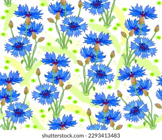 Seamless pattern ornament. Picture of a summer meadow with blooming bright blue cornflowers for mural wallpaper, fabric, decoration, clothes. Artistic abstract floral background. Vector illustration.