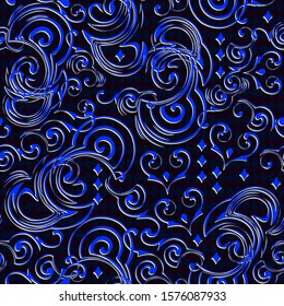 Seamless pattern ornament rich decorated with fantastic royal medieval elements in dark night colors. Old popular print ornate for wall-paper and textile. Beautiful background. Vector cartoon image.