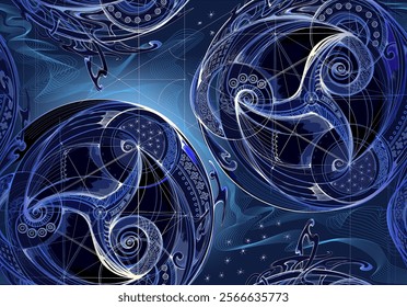 Seamless pattern ornament. Scheme of ancient Nordic geometric astrology. Fantasy background with magic Celtic triskelion and triple spiral symbols. Vector drawing for packaging, fabric, wallpaper.