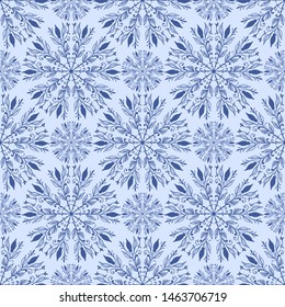 Seamless pattern with ornament and stylized flowers on a light blue background. Endless background  for your greeting cards, design, wedding announcements.