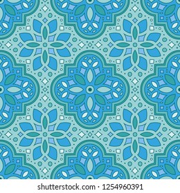 seamless pattern. ornament with symmetrycal mandalas. fancy hand drawn tiles