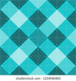 seamless pattern. ornament with symmetrycal mandalas. fancy hand drawn tiles