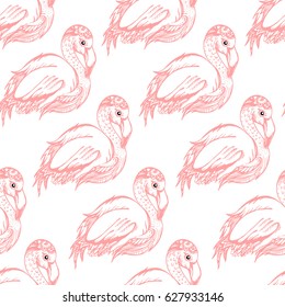Seamless pattern, ornament. Vector image of an exotic pink flamingos. Line drawing of wild tropical birds. Africa, reserve, zoo animal. Printing on T-shirts, fabrics, textiles. Fashion collection.