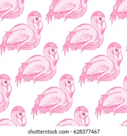 Seamless pattern, ornament. Vector image of an exotic pink flamingos. Line drawing of wild tropical birds. Africa, reserve, zoo animal. Printing on T-shirts, fabrics, textiles. Fashion collection.