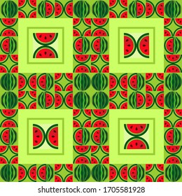 Seamless pattern of ornament of watermelons and its slices on a green background. Vector graphic. 