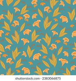 Seamless pattern with an ornament of wild chanterelle mushrooms and branches with lily of the valley berries.Vector print for fabrics, wallpaper, wrapping paper.