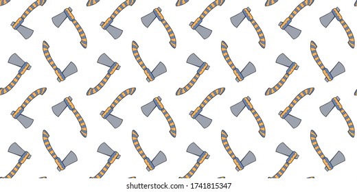 Seamless pattern of ornamental axes on a white background. Hand-drawn hatchets. Tools for gardening, forestry, construction, carpentry. Endless texture. Vector.