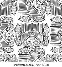Seamless pattern with ornamental birds on white background. Vector illustration with abstract natural elements in indian style