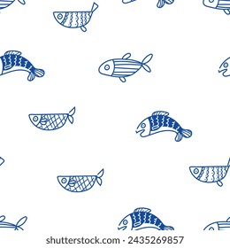 Seamless pattern of ornamental blue fish. Vector fish icons