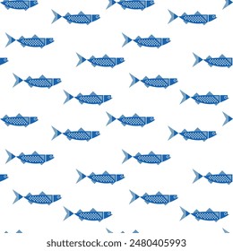 Patrón sin fisuras de peces azules ornamentales. Iconos de peces de Vector. Verano, playa, océano, mar