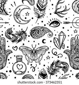 Seamless pattern of Ornamental Boho Style Elements. Vector illustration. Tattoo template. Trendy hand drawn tribal symbol background. Hippie design elements. Coloring book pages for adults.