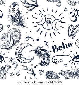 Seamless pattern of Ornamental Boho Style Elements. Vector illustration. Tattoo template. Trendy hand drawn tribal symbol background. Hippie design elements. Coloring book pages for adults.