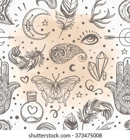 Seamless pattern of Ornamental Boho Style Elements. Vector illustration. Tattoo template. Trendy hand drawn tribal symbol background. Hippie design elements. Coloring book pages for adults.