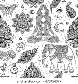Seamless pattern of Ornamental Boho Style Elements. Vector illustration. Tattoo template. Trendy hand drawn tribal symbol background. Hippie design elements. Coloring book pages for adults.