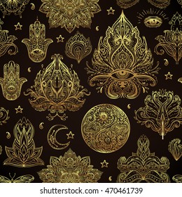 Seamless pattern of Ornamental Boho Style Elements. Vector illustration. Tattoo template. Trendy hand drawn tribal symbol background. Hippie design elements. Gold over black.