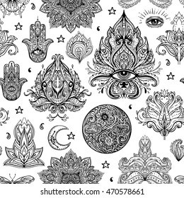 Seamless pattern of Ornamental Boho Style Elements. Vector illustration. Tattoo template. Trendy hand drawn tribal symbol background. Hippie design elements. Coloring book pages for adults.