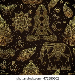 Seamless pattern of Ornamental Boho Style Elements. Vector illustration. Tattoo template. Trendy hand drawn tribal symbol background. Hippie design elements. Gold over black