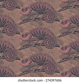Seamless pattern with ornamental chameleons.