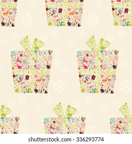 Seamless pattern with ornamental Christmas gift box with reindeers, snowflakes and flowers, vector illustration