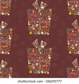 Seamless pattern with ornamental Christmas gift box with reindeers, snowflakes and flowers, vector illustration