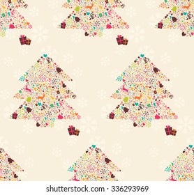 Seamless pattern with ornamental Christmas tree with reindeer, gift boxes and snowflakes, vector illustration