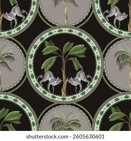 Seamless pattern with ornamental circle, monkeys and palm trees. Vector