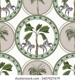 Seamless pattern with ornamental circle, monkeys and palm trees. Vector