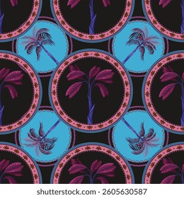 Seamless pattern with ornamental circle and palm trees. Vector