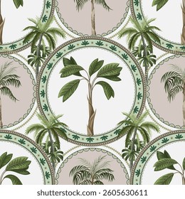 Seamless pattern with ornamental circle and palm trees. Vector