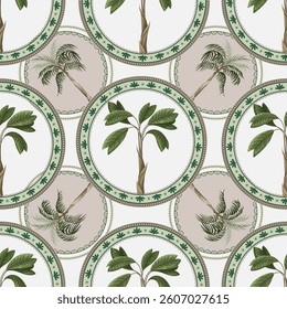 Seamless pattern with ornamental circle and palm trees. Vector