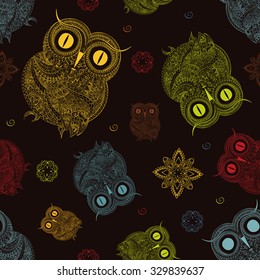 Seamless pattern from ornamental color owl with flowers and mandala. African, indian, totem, tattoo. It may be used for design of a t-shirt, bag, postcard, a poster and so on.
