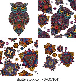 Seamless pattern from ornamental color owl with flowers and mandala. African, indian, totem, tattoo. It may be used for design of a t-shirt, bag, postcard, a poster and so on.