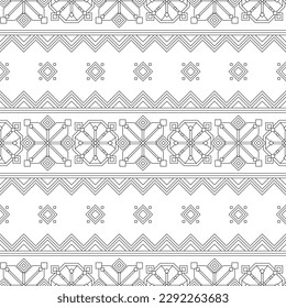 Seamless Pattern with Ornamental Composition Inspired by Ukrainian Traditional Embroidery. Ethnic Motif, Handmade Craft Art. Horizontal Oriented Stripe. Coloring Book Page. Vector Contour Illustration