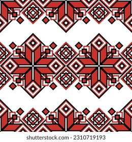 Seamless Pattern with Ornamental Composition Inspired by Ukrainian Traditional Embroidery. Ethnic Motif, Handmade Craft Art. Ethnic Design Element. Horizontal Oriented Stripes. Vector Illustration