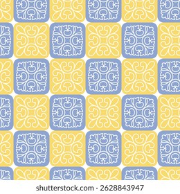 Seamless pattern with ornamental doodle tiles in yellow and blue. Hand drawn Mediterranean-inspired floral design perfect for textile, wallpaper, wrapping, ceramics, and surface decoration.