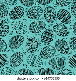 Seamless pattern with ornamental eggs and branches on turquoise background. Hand drawn style, black contour. Design for poster, textile, card, wrapping.