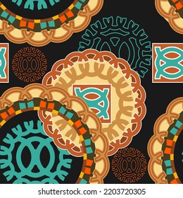 Seamless pattern with ornamental elements in restrained colors. Dark background. Vector illustration