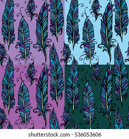 Seamless pattern with ornamental Feather, tribal design. Ink hand drawn illustration with different indian feathers on violet, blue, green colors background.