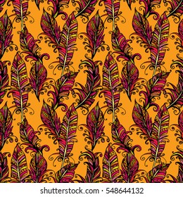 Seamless pattern with ornamental Feather, tribal design. Ink hand drawn illustration with different indian feathers on orange background.
