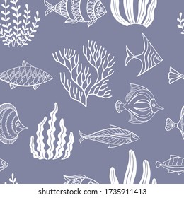 Seamless pattern of ornamental fish and seaweed. Vector illustration.  Perfect for greetings, invitations, manufacture wrapping paper, textile, web design.