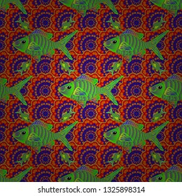 Seamless pattern with ornamental fish. Vector blue, pink and orange fishes pattern. Vector illustration.