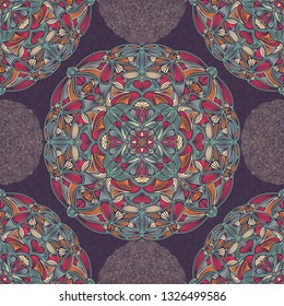 Seamless pattern with ornamental floral ethnic mandalas, vector illustration