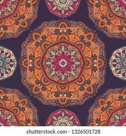 Seamless pattern with ornamental floral ethnic mandalas, vector illustration